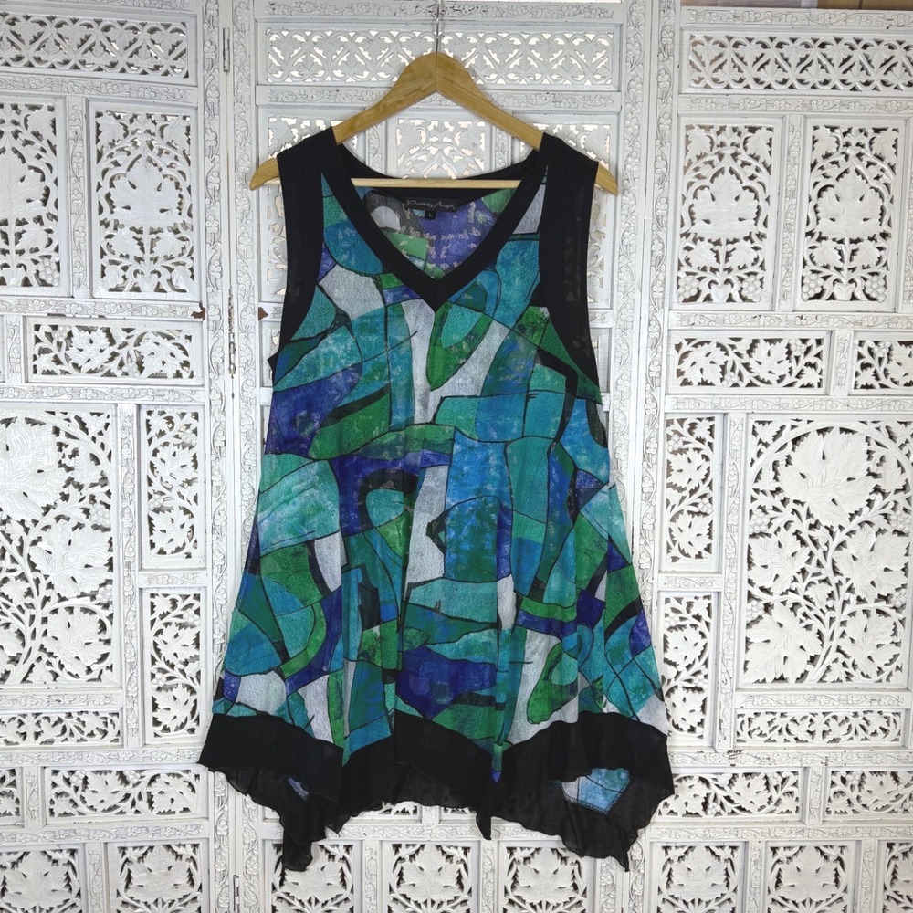 Pretty Angel Silk Blend Artsy Lagenlook Tank Top Womens Large Sheer Abstract